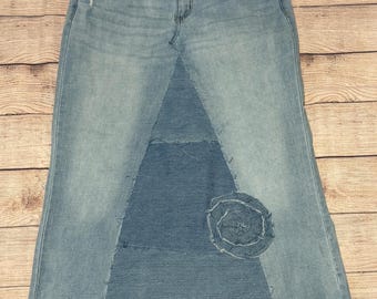 Women’s Refashioned Jean Denim Skirt Waist 34 Modest Handmade Up-cycled