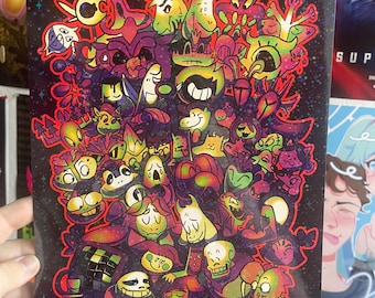 May include: A colorful art print featuring a multitude of cartoon characters in various shapes and sizes. The artwork has a black background with a rainbow border and a starry effect. The characters are outlined in red and filled with vibrant colors.