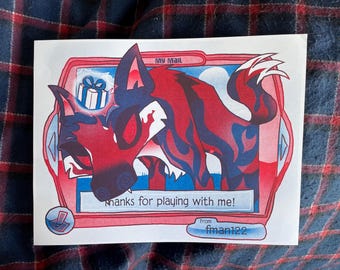 May include: A red and blue cartoon wolf with a gift box on its head. The wolf is in a digital frame with the text "My Mail" and "Thanks for playing with me! From fman122".