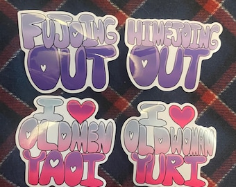 May include: Four stickers with a gradient background in shades of purple, pink, and white. The stickers feature text in a bubble font with a heart symbol. The text on the stickers reads "Fujoshiing Out", "Himejoshiing Out", "I Oldmen Yaoi", and "I Oldwoman Yuri".