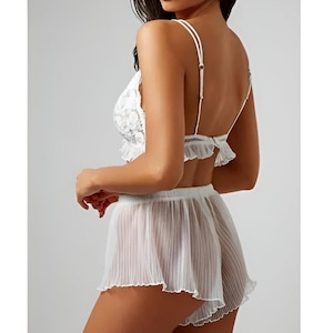 Sheer Lace Ruffle Pajama Lingerie Set – Silk Blend in Lacey White, Romantic Sleepwear in S–2XL, Bridal & Boudoir Gift