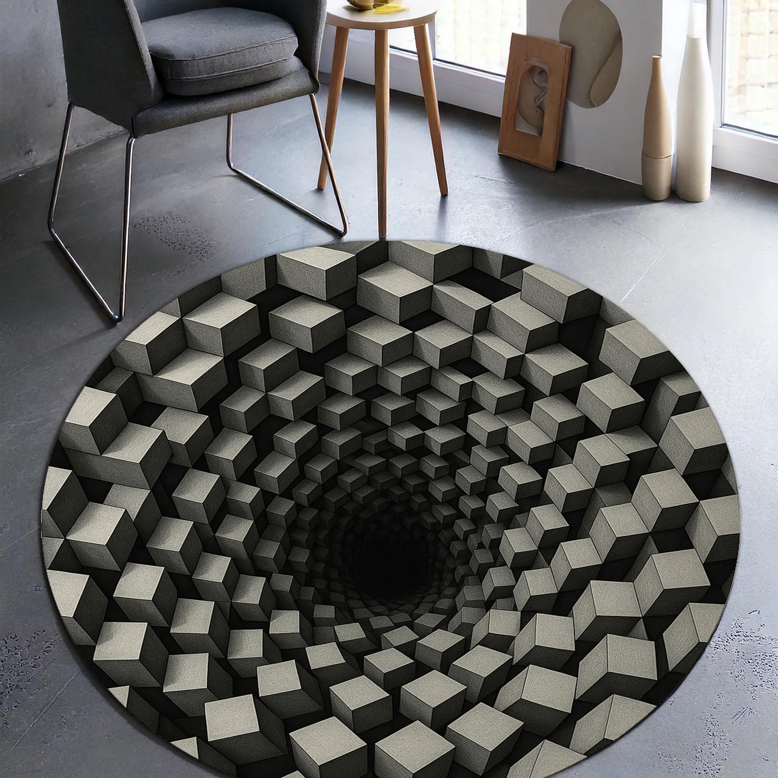 3D Illusion Cube Rug, Geometric Round Carpet, Modern Optical Illusion ...