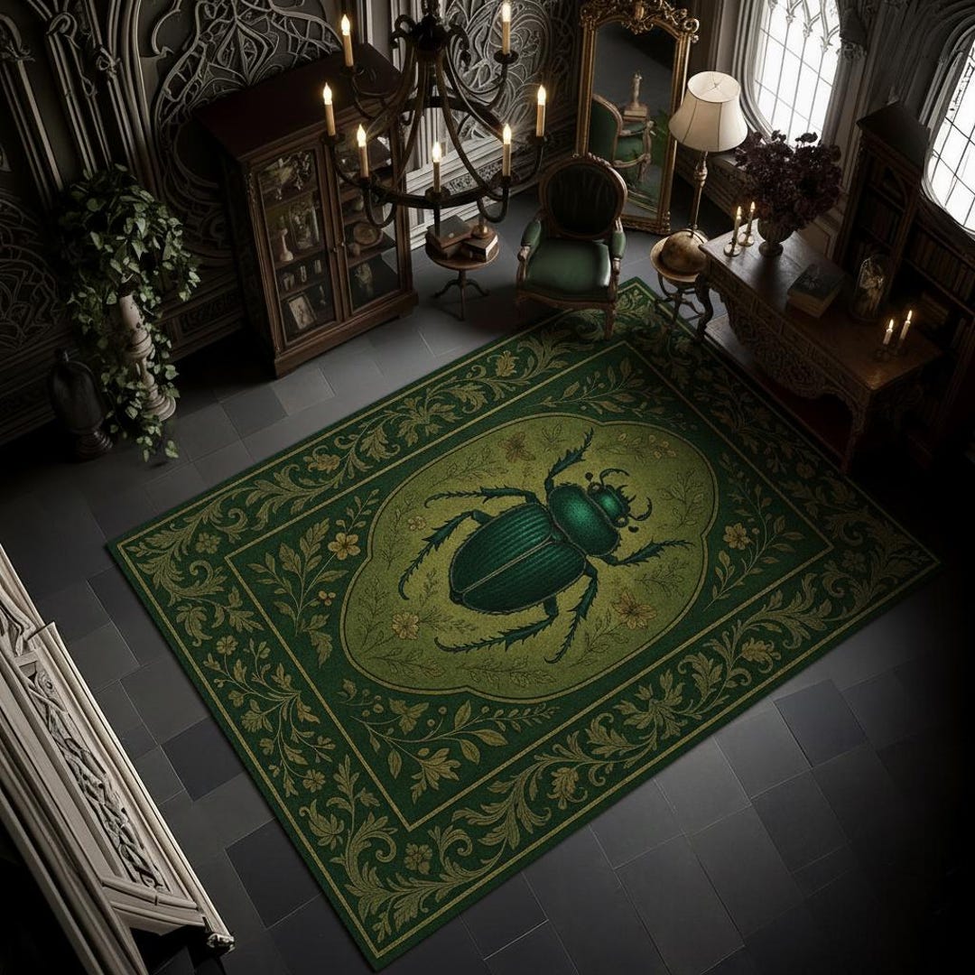 Emerald Beetle Baroque Rug – Green Gothic Carpet With Ornate Floral ...