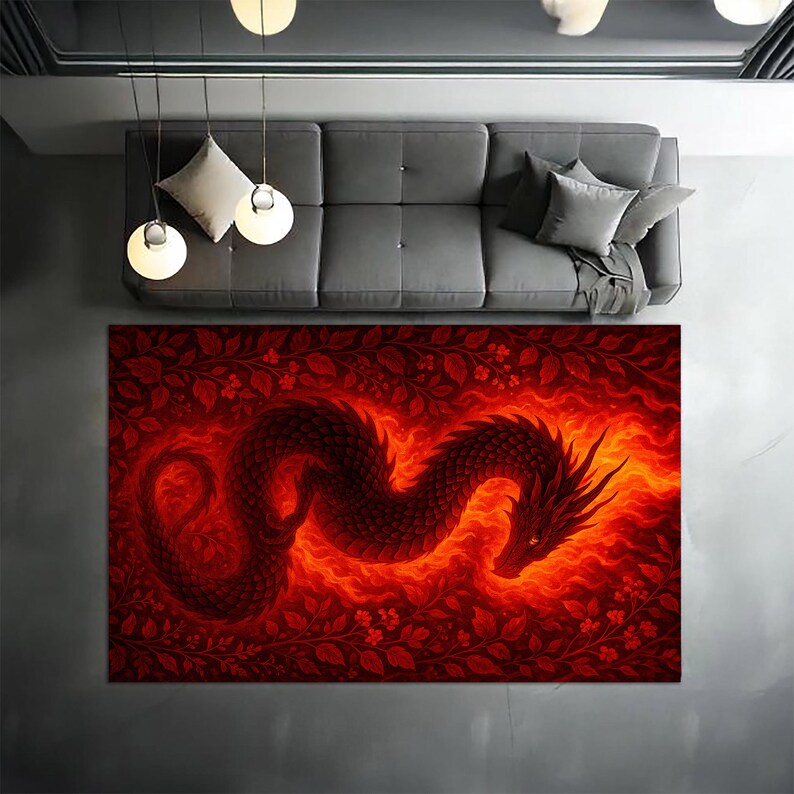 Fire Dragon Rug, Fantasy Gothic Red Area Rug, Medieval Serpent Carpet ...