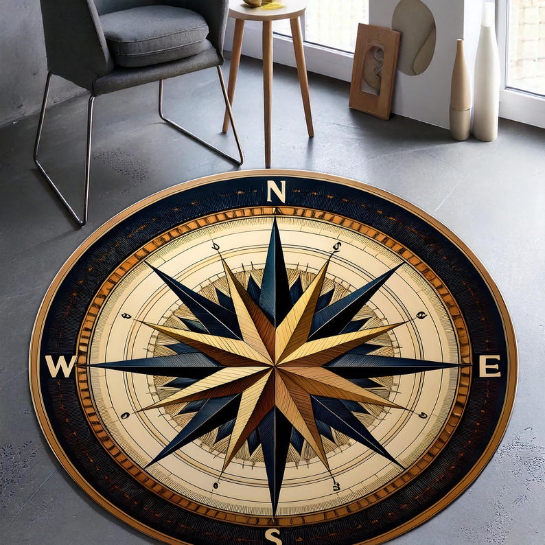Blue Compass Rug Compass Rug | Nautical Wind Rose Carpet | Vintage Explorer Round Mat ...