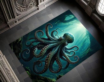 Blue Ocean Octopus Rug | Scary Octopus Design | Dark Ocean-Themed Carpet | Unique Home Decor for Living Room or Bedroom | Sea Creature Rug