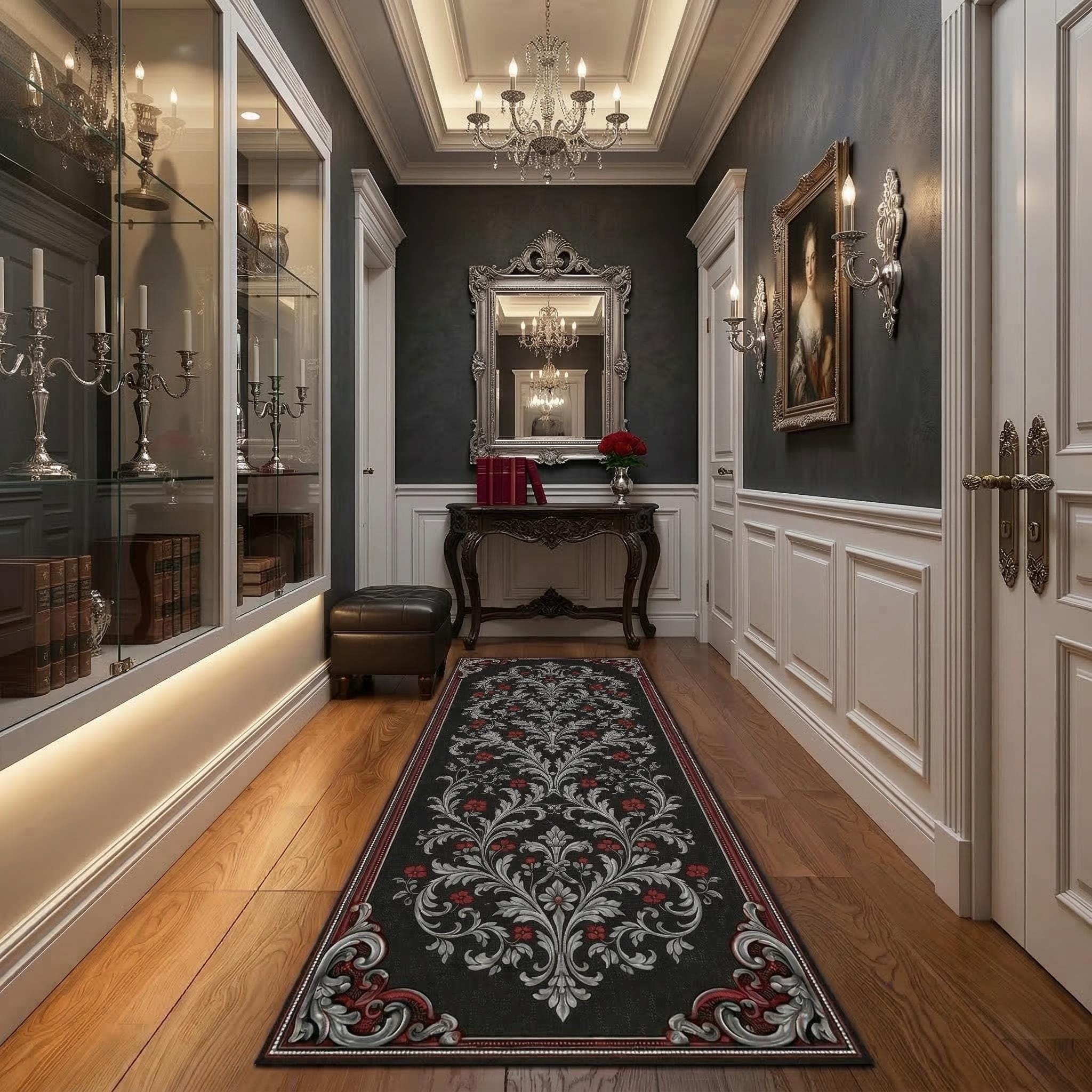 Gothic Baroque Runner Rug, Ornamental Black Carpet, Victorian ...