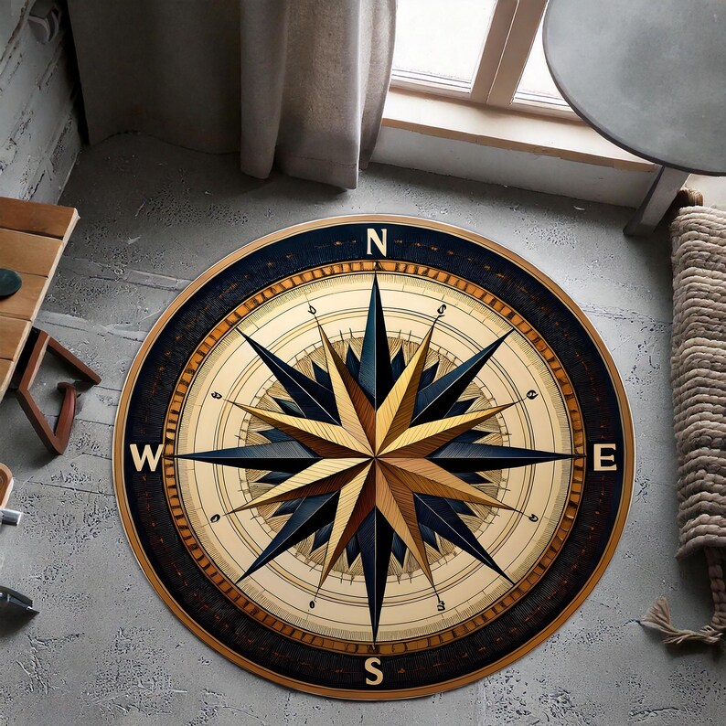 Compass Rug | Nautical Wind Rose Carpet | Vintage Explorer Round Mat ...