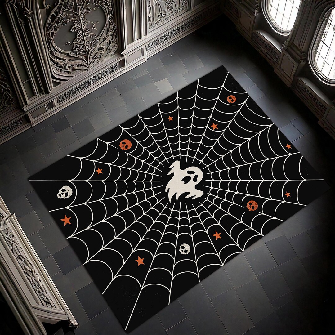 Spider Wed Rug Ghost Spider Web Rug – Black Carpet With Skulls and Stars – Spooky ...