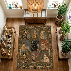 May include: A rectangular area rug featuring a grid of nine arched panels, each containing a stylized cat surrounded by floral and decorative motifs. The rug has a dark border with small cat faces and a central design in earthy tones of brown, blue, and orange.
