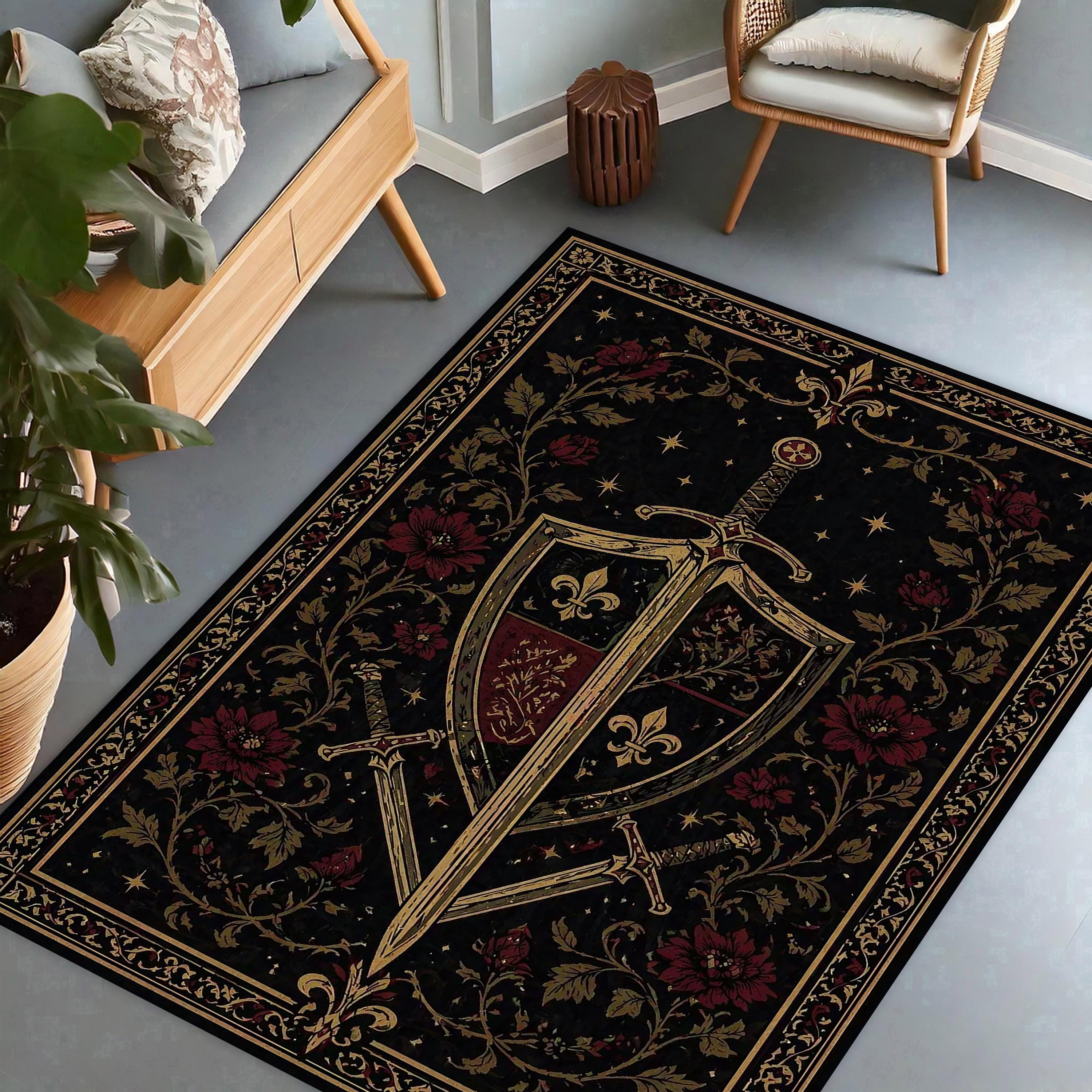 Medieval Rug Square Medieval Sword Crest Rug Gothic Heraldic Design, Dark Fantasy Carpet ...