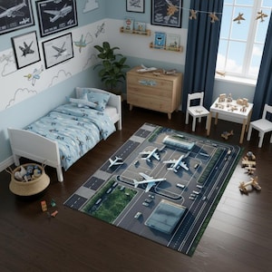 Alfombra de aeropuerto para niños / Alfombra de juego de avión / Diseño de pista concurrida para sala de juegos / Alfombra divertida para habitación infantil