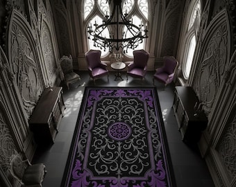 Tapete ornamental preto e roxo, tapete gótico barroco, tapete decorativo escuro elegante, decoração de piso de sala de estar boho luxuosa