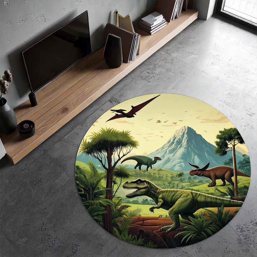 Dinosaur Round Rug | Prehistoric Themed Kids Play Mat | Colorful Dino ...