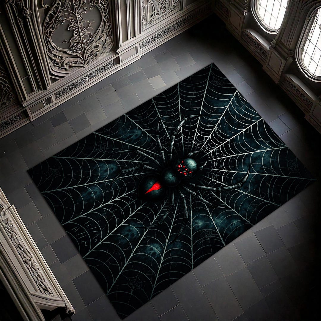 Black Widow Spider Rug – Gothic Carpet With Web and Red Mark – Creepy ...