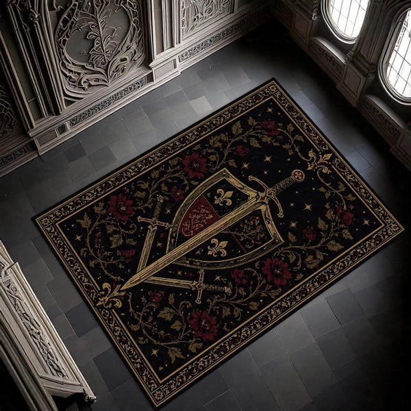 Medieval Sword Crest Rug Gothic Heraldic Design, Dark Fantasy Carpet, Black Gold Aesthetic Home Decor Rug