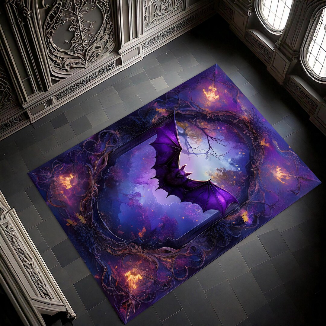 Goth Rug | Purple Rococo Bat Rug | Gothic Home Decor | Washable ...