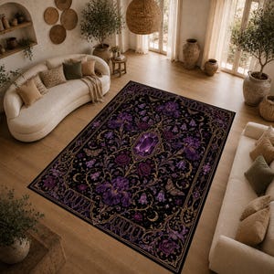 May include: A rectangular area rug featuring a dark black background with a central purple gemstone motif. The design includes intricate floral patterns with purple irises and roses, golden filigree accents, moths, and crescent moon symbols.