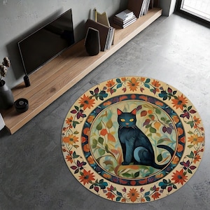 Boho Black Cat Rug | Mystical Feline Round Carpet | Witchy Bohemian Cat Mat | Celestial Kitty Home Decor | Artistic Black Cat Floor Rug