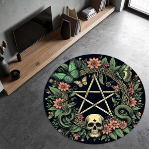 Floral Pentagram & Skull Round Rug | Mystical Skull and Flower Carpet | Occult Themed Floor Decor | Boho Witchy Mat | Gothic Symbol Rug