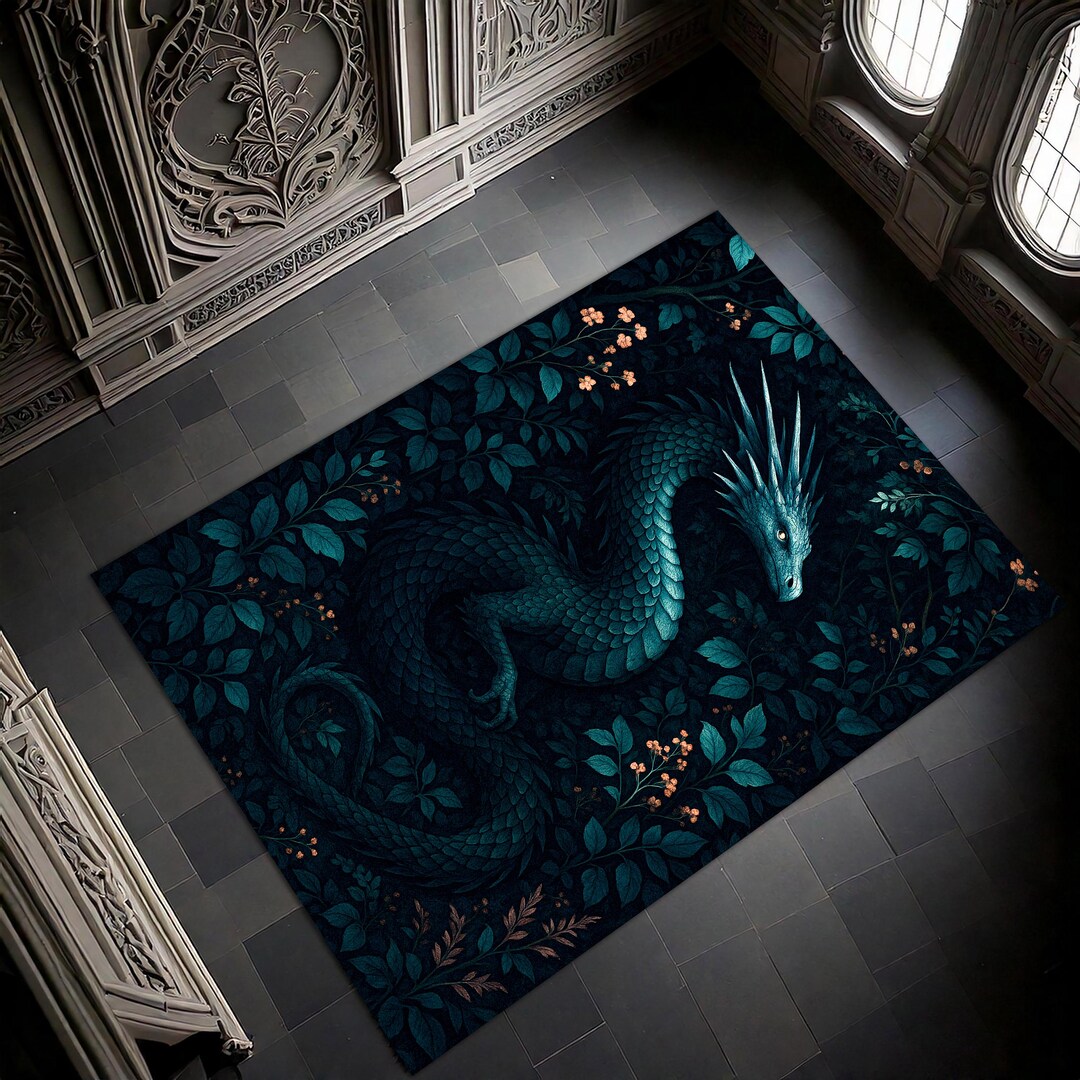 Mystic Blue Dragon Rug, Gothic Fantasy Serpent Carpet, Medieval Dark ...