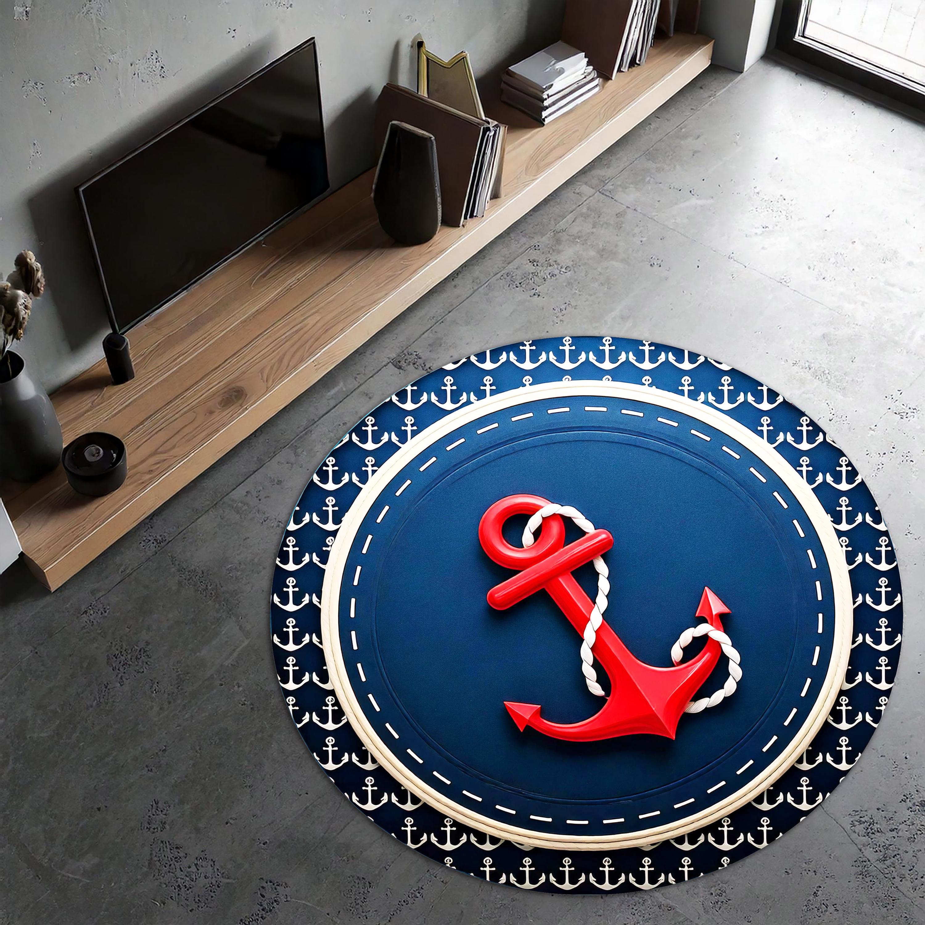 Ocean Blue Rug with Red Anchor | Nautical Marine Round Carpet | Coastal Theme Anchor Mat | Beach House Decor | Maritime Sailor Style Rug