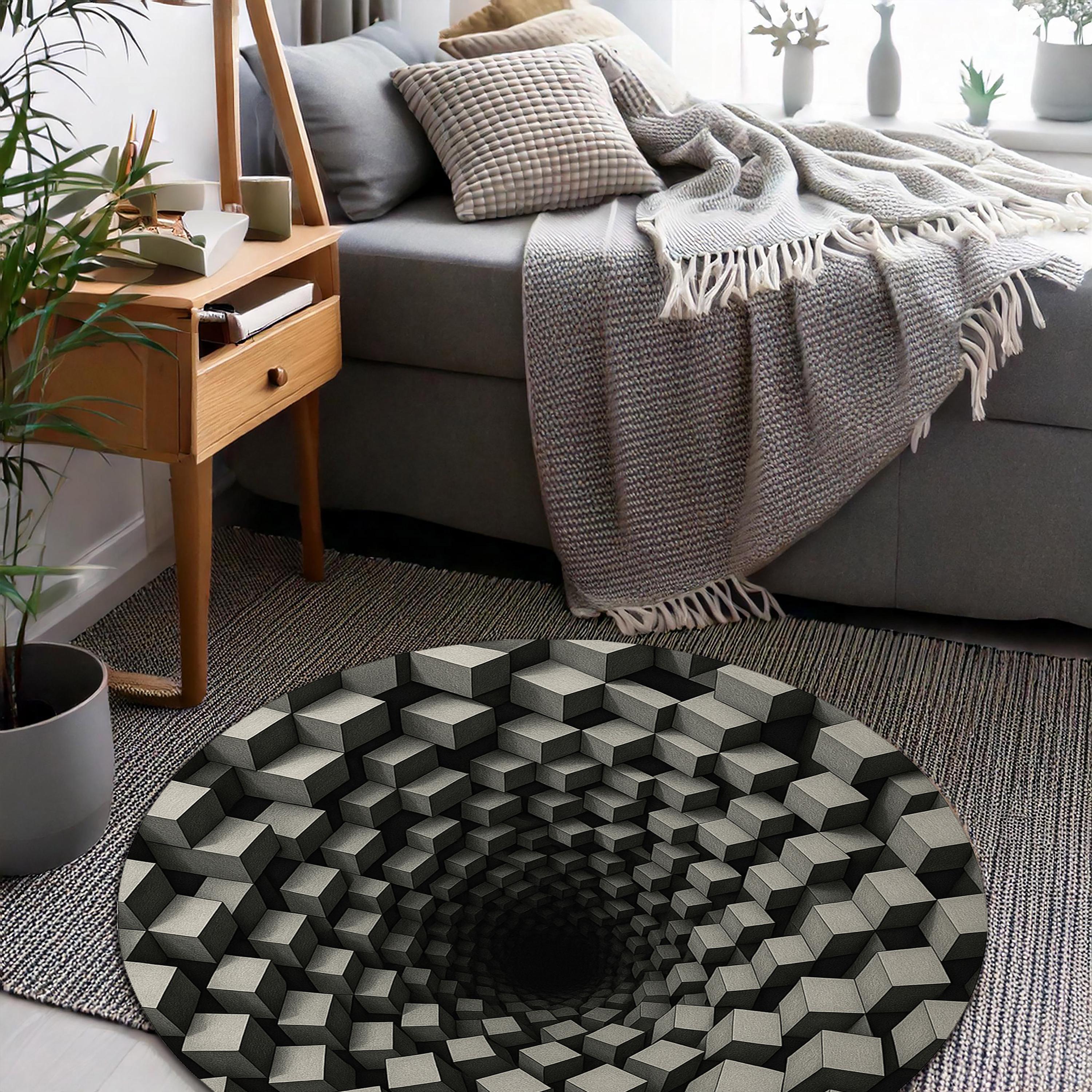 3D Illusion Cube Rug, Geometric Round Carpet, Modern Optical Illusion ...