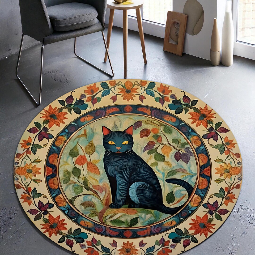 Scaring Cat Rug Boho Cat Rug | Mystical Feline Round Carpet | Witchy Bohemian Cat Mat ...