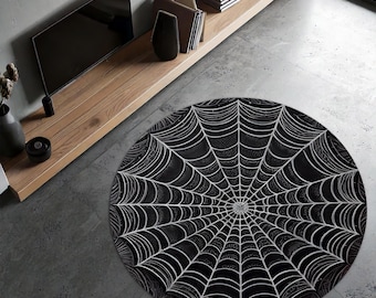 Spider Web Round Rug | Black Background with Web Design Carpet | Creepy Halloween Floor Decor | Gothic Spider Web Mat | Dark Themed Rug
