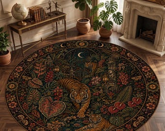May include: A large round area rug featuring a detailed jungle scene with two tigers, lush tropical foliage, red flowers, and architectural elements. The border is decorated with repeating moon and eye motifs in gold, black, and deep green tones.