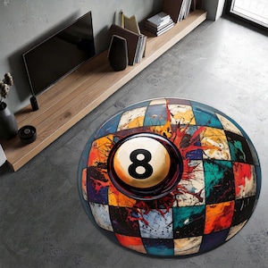 Colorful 8 Ball Billiard Rug | Pool Table Round Carpet |Vibrant Eight Ball Mat for Game Room | Retro Billiards Decor, Sports Theme Floor Rug