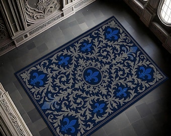 Fleur de Lis Area Rug, Blue Gold Ornamental Carpet, French Royal Inspired Living Room Rug, Baroque Decorative Floor Decor
