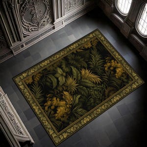 May include: A rectangular area rug featuring a lush botanical design. The rug showcases a dark background filled with detailed illustrations of green and gold foliage. A decorative border frames the central design.