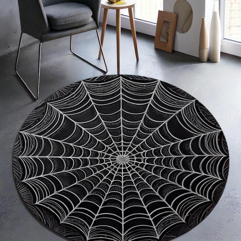 Spider Web Round Rug | Black Background With Web Design Carpet | Creepy ...