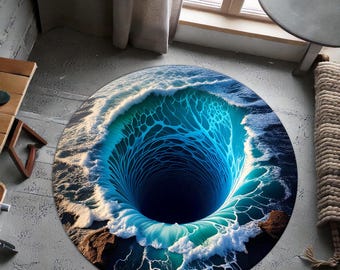 Wavy Ocean Hole Round Rug | 3D Deep Sea Carpet | Mystical Oceanic Floor Decor | Nautical Abyss Round Mat | Water-Themed Illusion Rug