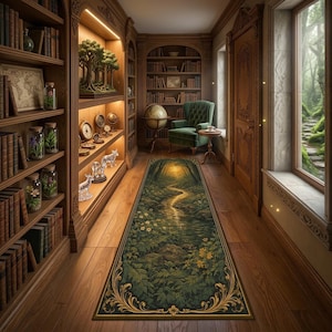 May include: A cozy library with wooden bookshelves filled with books and decorative items. A green armchair sits near a window overlooking a forest. A long rug with a forest scene runs down the center of the room.