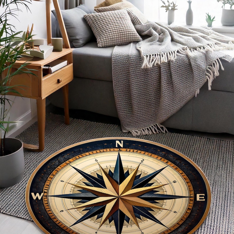 Compass Rug | Nautical Wind Rose Carpet | Vintage Explorer Round Mat ...