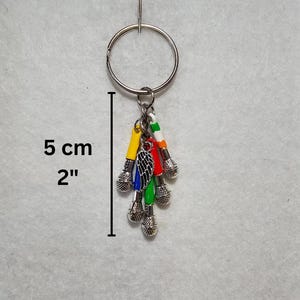 May include: A silver key chain with a ring and five silver microphone charms. The microphones are painted in different colors: yellow, red, green, blue, and white. The key chain measures 2 inches in length.