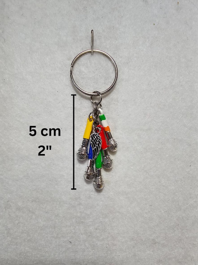 May include: A silver key chain with a ring and five silver microphone charms. The microphones are painted in different colors: yellow, red, green, blue, and white. The key chain measures 2 inches in length.