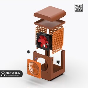 May include: An exploded view of a brown computer case with orange and black components. The case includes a red fan, orange mesh panels, and a smaller orange fan. The 3D Craft Hub logo is visible in the lower left corner.