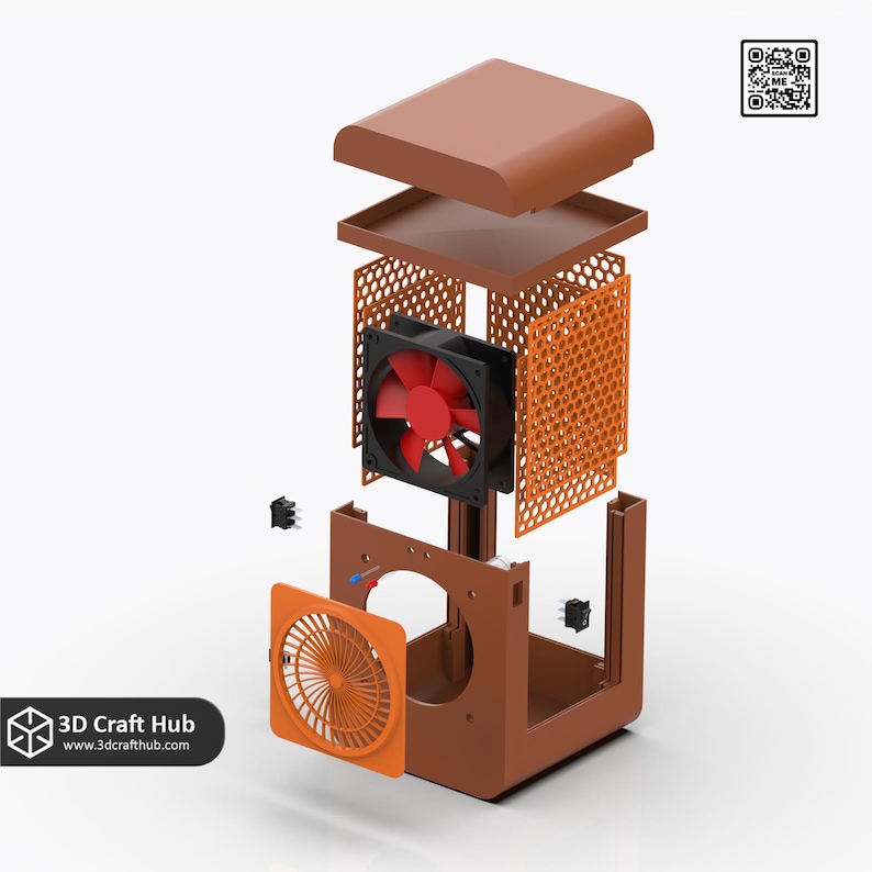 May include: An exploded view of a brown computer case with orange and black components. The case includes a red fan, orange mesh panels, and a smaller orange fan. The 3D Craft Hub logo is visible in the lower left corner.