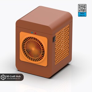May include: A brown and orange 3D-printed air cooler with a fan design. The cooler has a square shape with rounded edges, an orange fan cover, and a perforated side panel. It features a power switch and indicator lights.