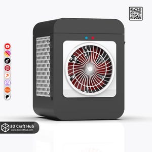 May include: A black and white portable air cooler with a red fan. The device has a white square panel with a red fan design. The cooler has a perforated side panel and two indicator lights. The text "3D Craft Hub" and a website address are visible.