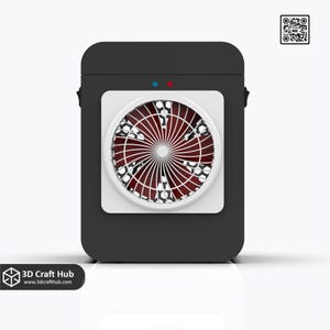 May include: A black device with a white square panel featuring a red and white fan design. The device has a blue and red light on top. The text "3D Craft Hub" and a website address are at the bottom.