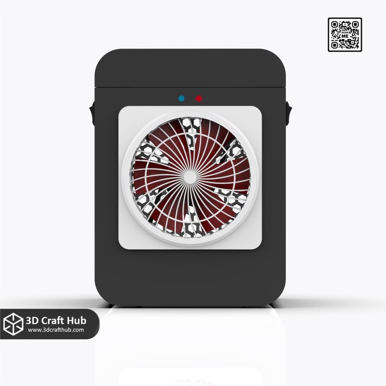 May include: A black device with a white square panel featuring a red and white fan design. The device has a blue and red light on top. The text "3D Craft Hub" and a website address are at the bottom.