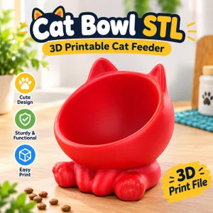 Puede incluir: Un cuenco rojo brillante con forma de gato, con dos orejas puntiagudas en el borde y pies con forma de pata en la base. El texto dice Cat Bowl STL 3D Printable Cat Feeder, Cute Design, Sturdy & Functional, Easy Print y 3D Print File.