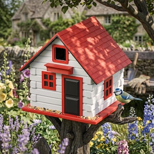 May include: A white wooden birdhouse with a red shingled roof, a black door, and red window frames. The structure features a small upper opening and a red base platform scattered with birdseed. A blue tit bird is perched on a tree branch nearby.