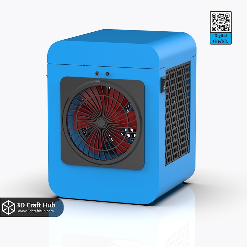 May include: A blue air cooler with a red fan and a black grill. The cooler has a square shape with rounded edges. The text "Digital File/STL" is visible on the top right corner.