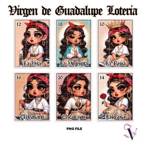 Virgen de Guadalupe Loteria PNG Fête des Mères Style Old School Chola Chibi Design Latina pour Sublimation | Téléchargement numérique