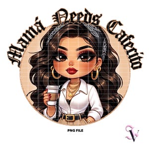 Chicana Mom PNG Fête des Mères Cafecito y Chisme Old School Chola Chibi Style Latina Design pour Sublimation | Téléchargement numérique